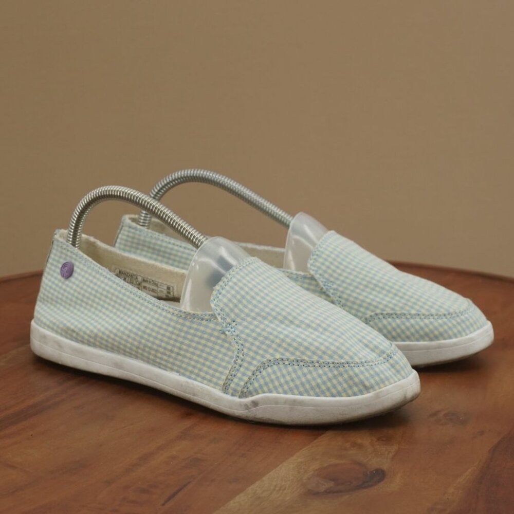 H1-13 Vionic Beach Womens Manzanita Sneakers Slip On Shoes Blue Yellow Plaid 8.5
